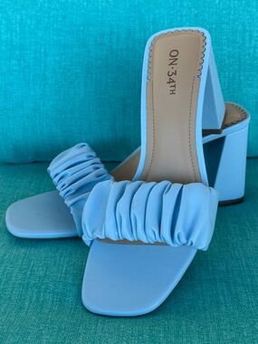 ON 34TH Powder Blue Ruched Block Heel Slide